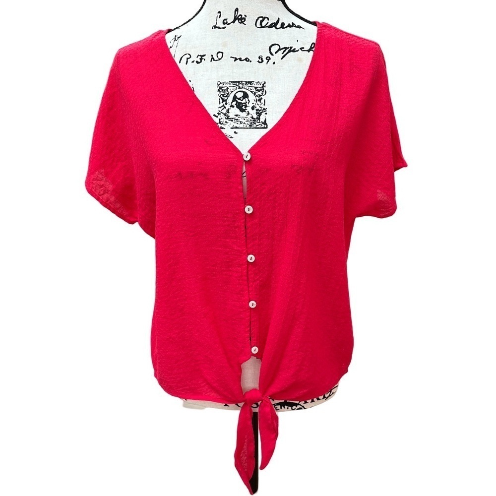 Universal Thread Red Tie Front Top Size L Buttoned Dolman Sleeve Cotton Blouse - Picture 3 of 7